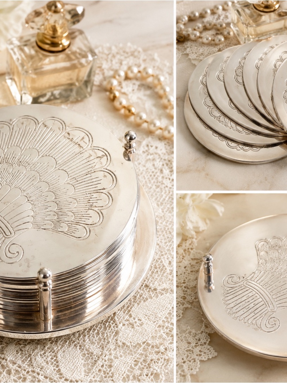 Polished Silver-Tone Decorative Metal Coaster Set with Embossed Fan Motif